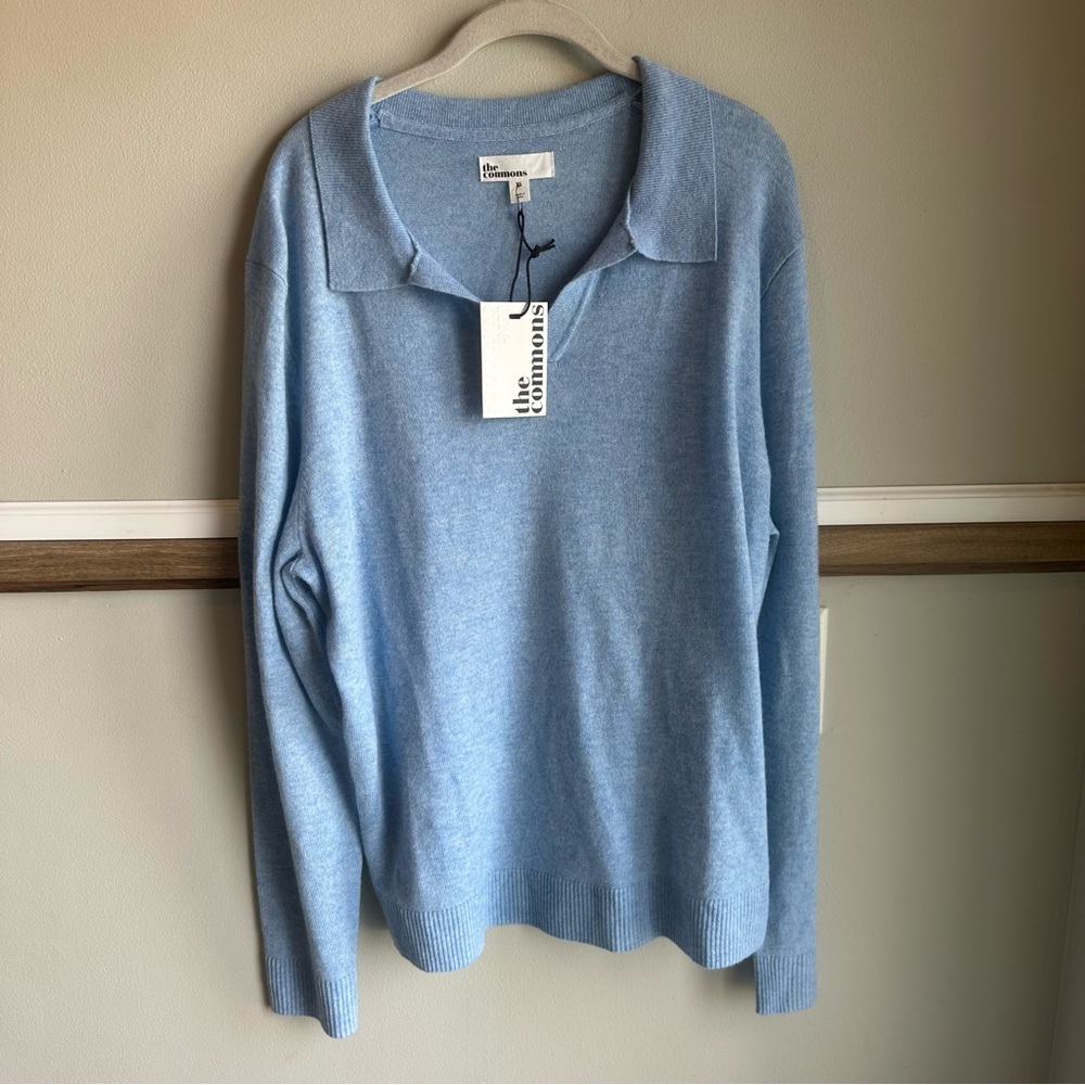 The Commons Johnny Collar 100% Cashmere Polo Sweater Seafoam Blue